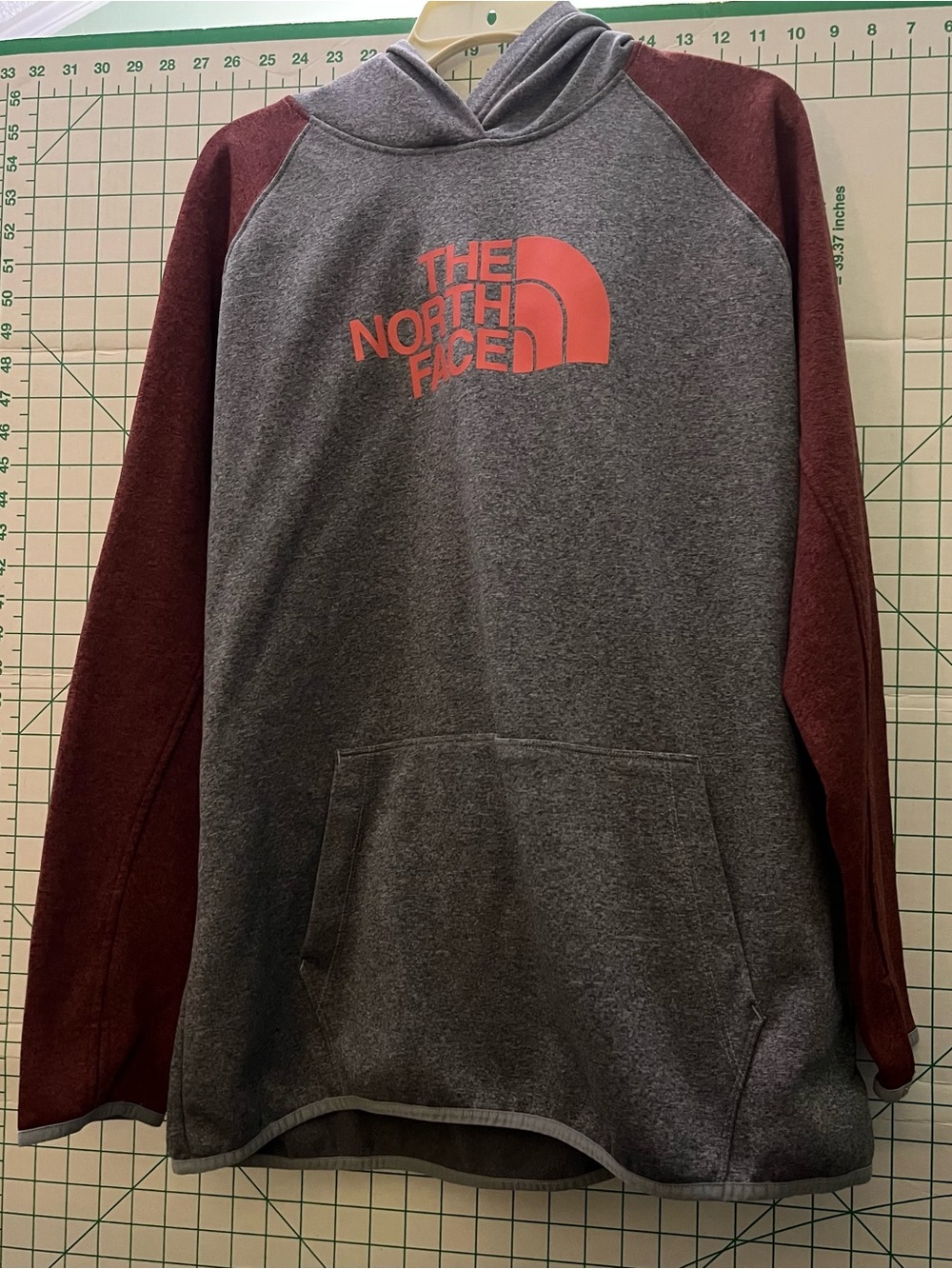 The North Face Gray Hoodie with Maroon Raglan Sleeves